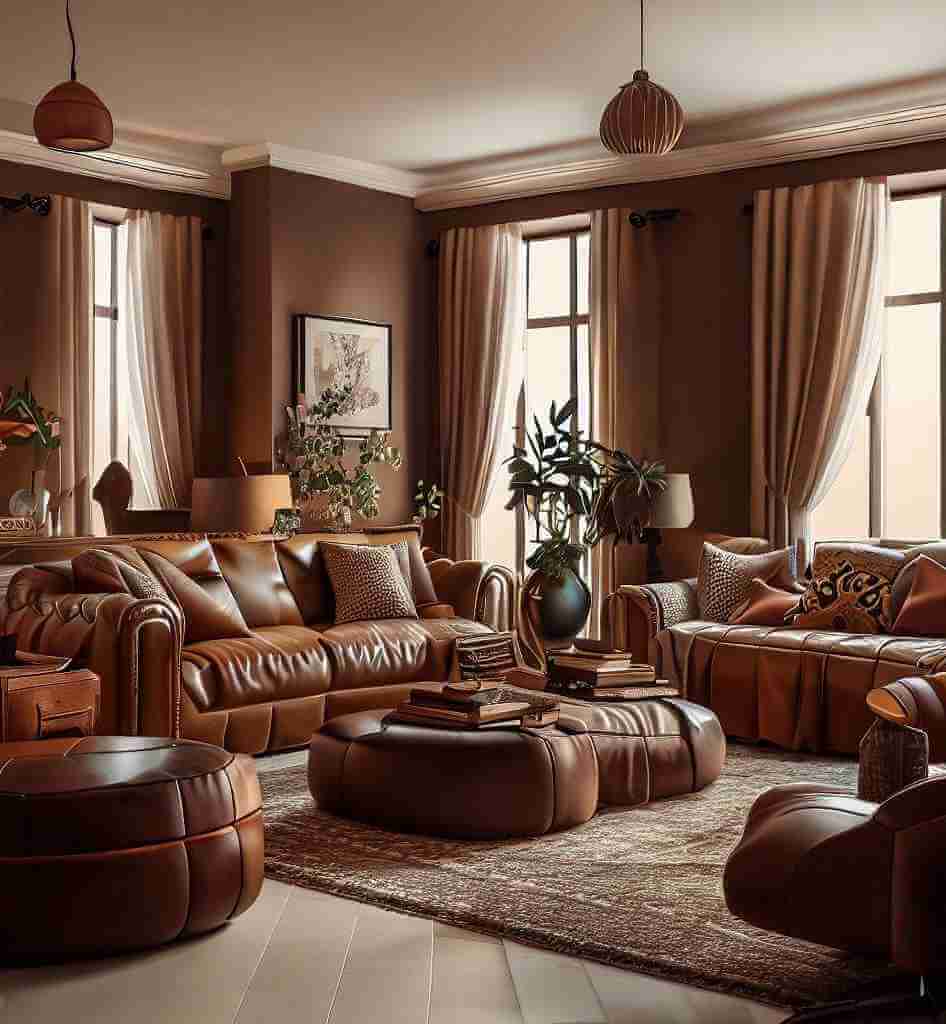 living room color schemes with brown leather furniture,What colour goes with brown leather sofa