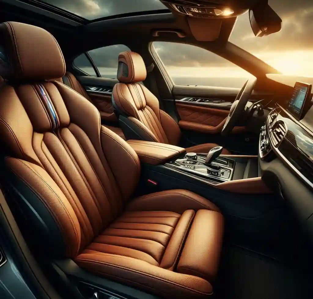 A side view of the BMW interior showing the Cognac leather front seats