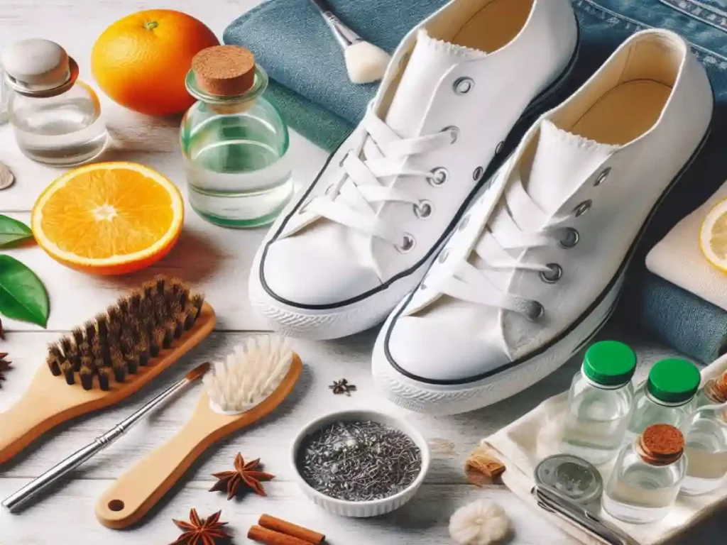A set of tools that help in DIY cleaning White converse including different brushes and disinfectant solutions