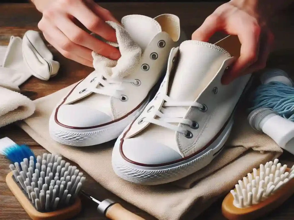 Two hands cleaning white leather Converse shoes with a cloth