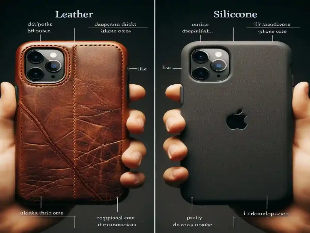 two different cases of iphone the first made of leather and the other silicone