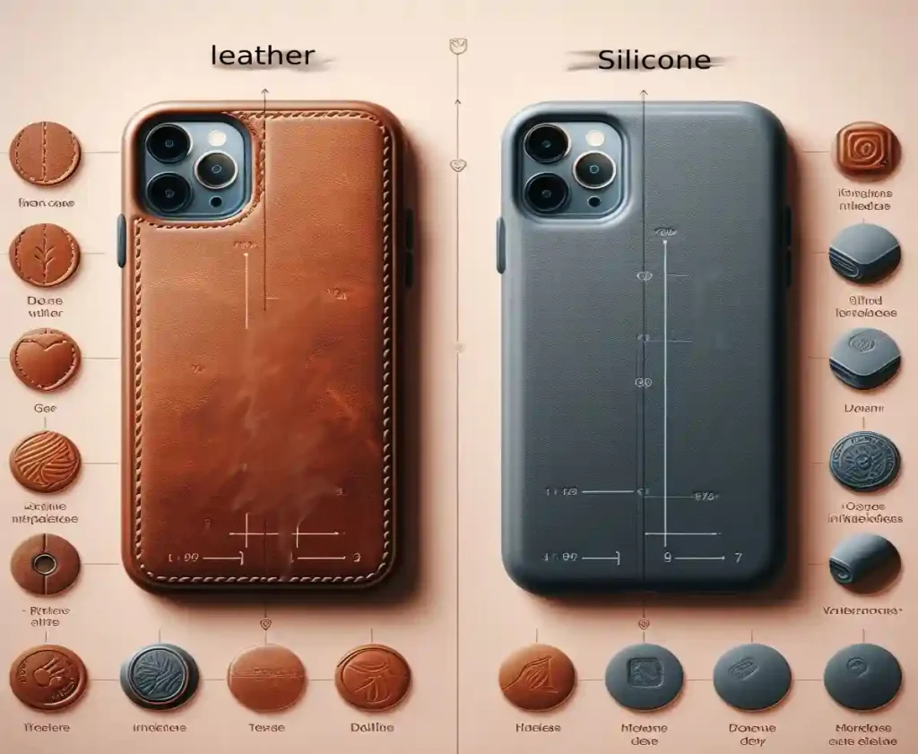two different cases of iphone the first made of leather and the other silicone With explanatory symbols on the sides
