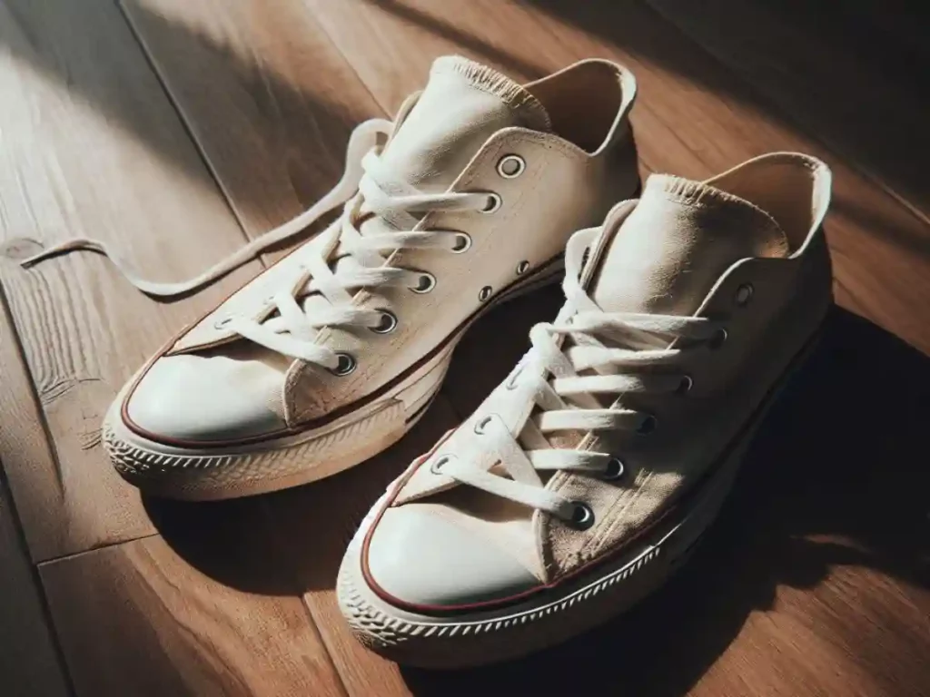 White leather Converse shoes on a brown wooden floor
