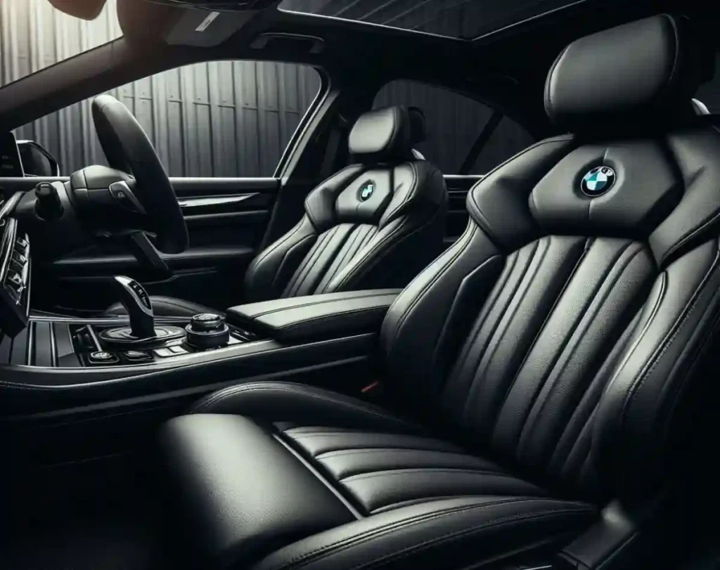A view from the left side of the BMW interior showing the black Vernasca leather front seats.