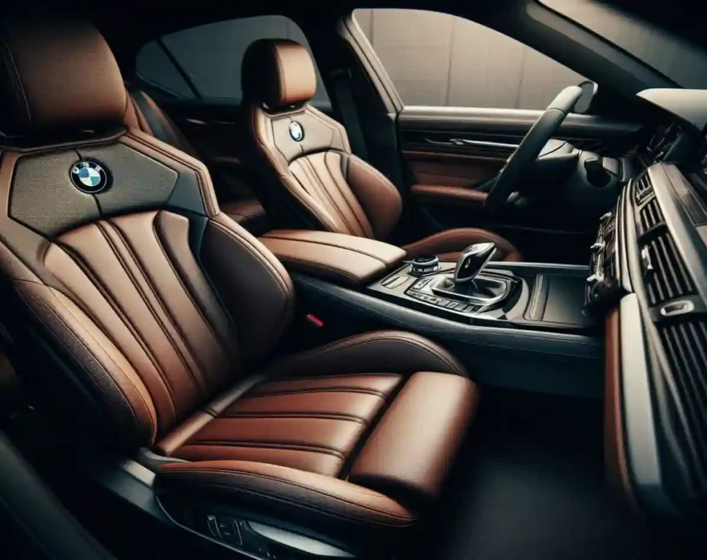 A view from the right side of the BMW interior showing the Vernasca leather front seats with the BMW symbol on them.