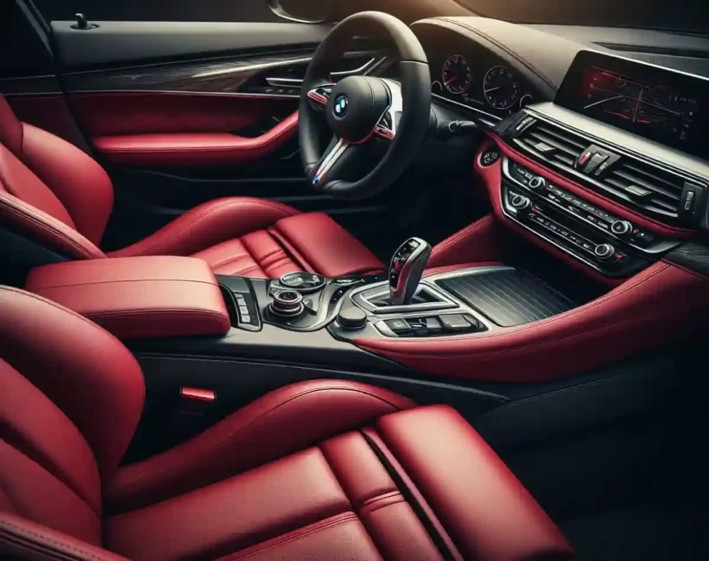 the BMW interior with Ruby Red leather front seats and automatic gearbox